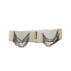 Wide Gray Elastic Belt With Chain Detail Silver Clasp Closure Waist Cincher NEW